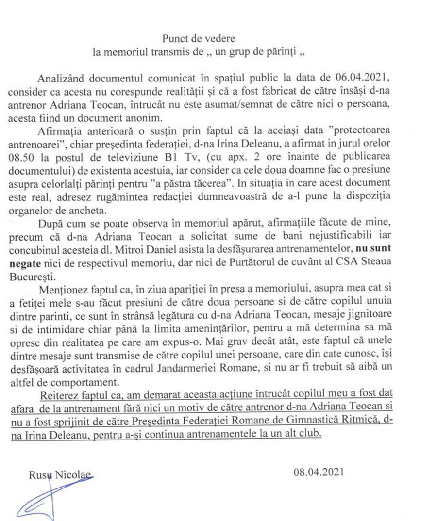 Punctul de vedere al tatălui gimnastei Andra Rusu, după ce mai mulți părinți au sărit în apărarea antrenoarei de la CSA Steaua