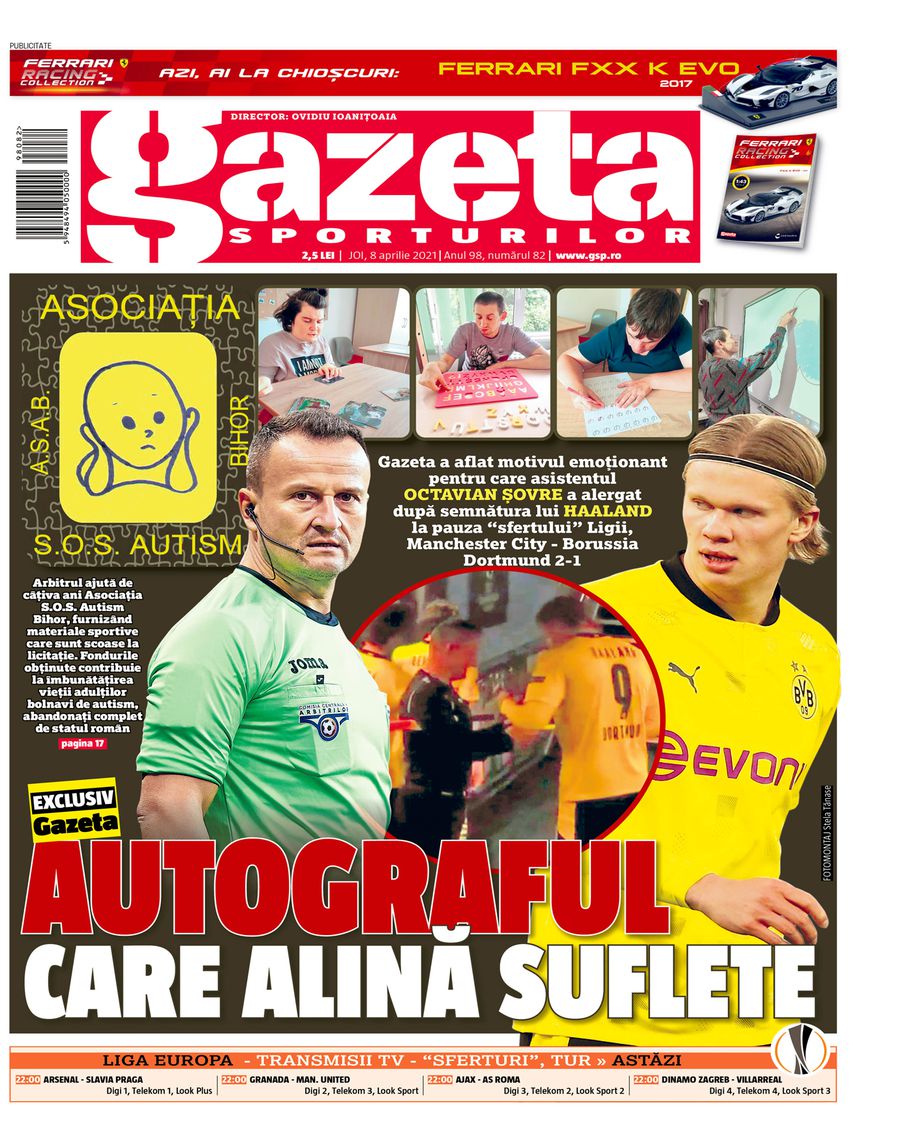 Pagina 1 Gazeta Sporturilor, joi, 8 aprilie 2021 Solidaritate fantastică! Oameni importanți din fotbal sunt alături de Octavian Șovre și donează tricouri pentru a ajuta bolnavii de autism