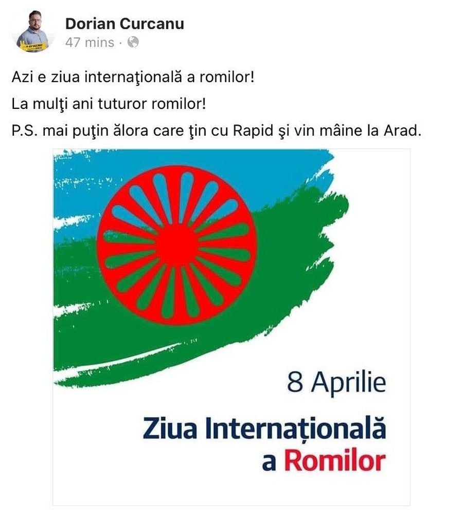 Consilierul USR din Arad a revenit după postarea cu tentă rasistă: „La mulți ani tuturor romilor, mai puțin ălora care țin cu Rapid și vin mâine la Arad”