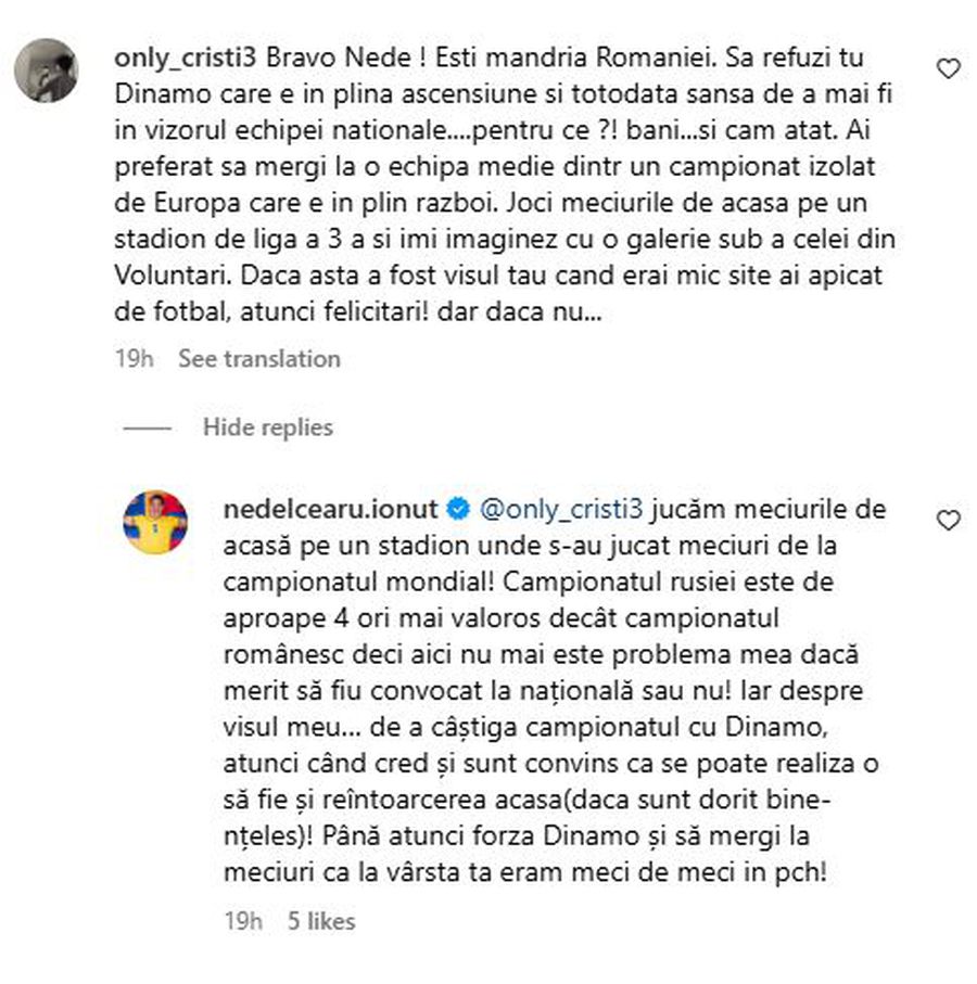 Ionuț Nedelcearu revine la Dinamo doar pentru titlu, foto: captură Instagram Internaționalul român a replicat pe Instagram: „Voi veni la Dinamo când voi crede cu adevărat că se poate lua titlul”