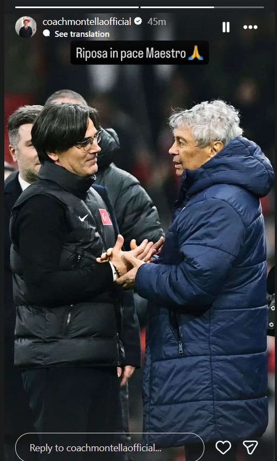 Sursă foto: Instagram Vincenzo Montella Ultimul adversar din cariera lui Mircea Lucescu l-a elogiat pe legendarul antrenor român: „Odihnește-te în pace, maestre!”