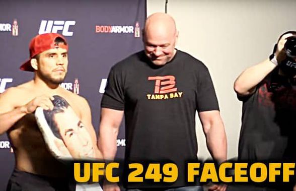 UFC 249 // VIDEO Luptătorul MMA Henry Cejudo a venit la cântar cu perne cu fețele rivalilor, pe care le-a șutat spre presă