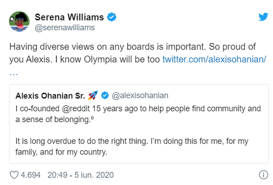 Gestul nemaivăzut al soțului Serenei Williams privind combaterea rasismului » Reacția sportivei: „Sunt atât de mândră!”