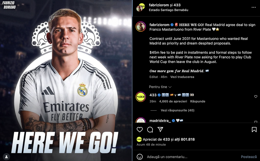 Anunțul oficial făcut de Fabrizio Romano, pe pagina sa de Instagram Real Madrid a bifat al treilea transfer al verii » Fotbalistul va ajunge pe „Santiago Bernabeu” după Mondialul Cluburilor