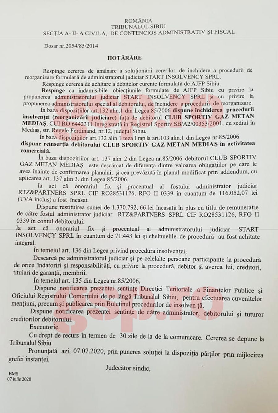 EXCLUSIV. Veste excelentă pentru Gaz Metan Mediaș! Clubul a ieșit oficial din insolvență, dar Mărginean nu exultă: „N-am scăpat de pericol, 5 ani suntem sub supraveghere!”