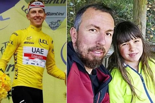 Tadej Pogacar în stânga. În dreapta, Peter Pogacar, alături de fiica lui, Julija // Colaj: marca.com