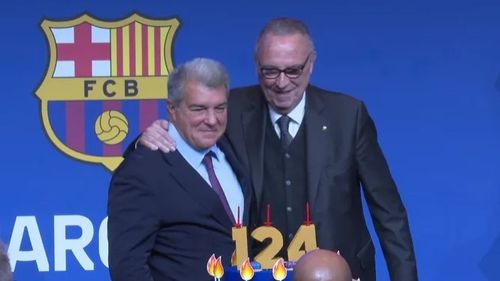 Joan Laporta și Joan Gaspart, fostul și actualul președinte, împreună la a 124-a aniversare a Barcelonei / Foto: Imago