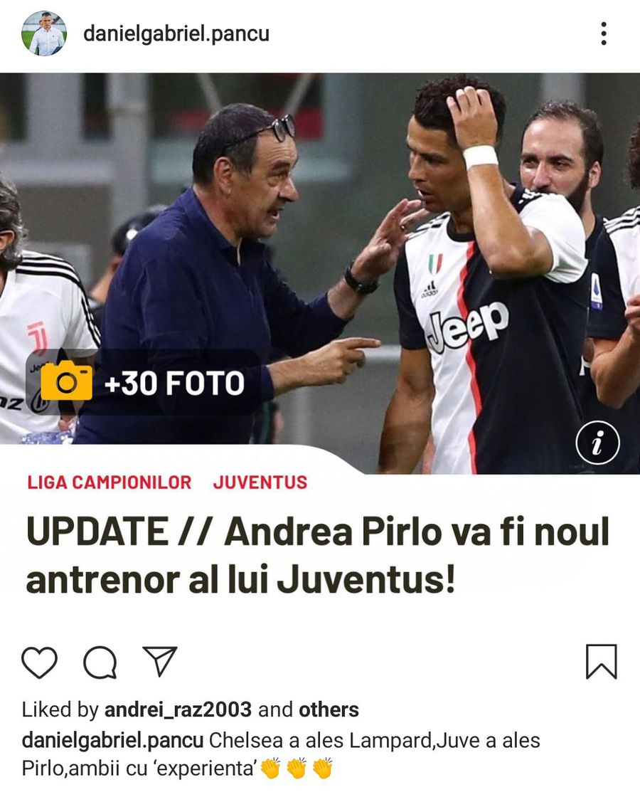 Daniel Pancu, ironic după numirea lui Pirlo la Juventus: „Chelsea a ales Lampard, Juve a ales Pirlo, ambii cu «experiență»”
