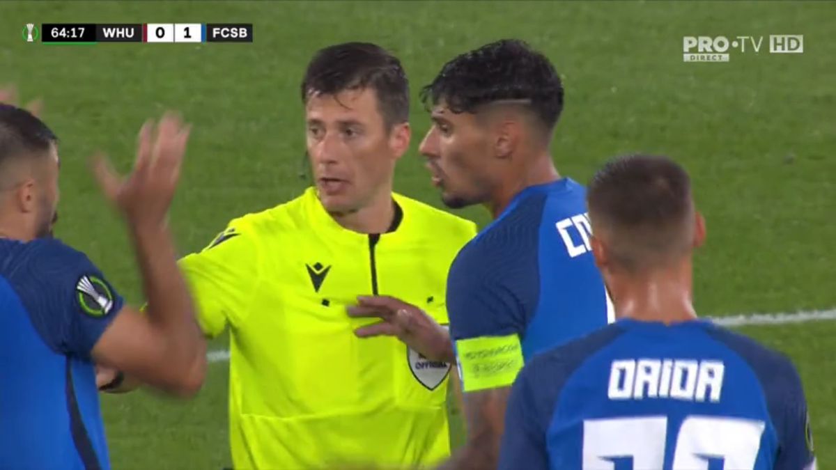 Penalty controversat dictat împotriva lui FCSB în meciul de pe London Stadium! Același arbitru o scotea pe CFR din Europa, după o fază identică