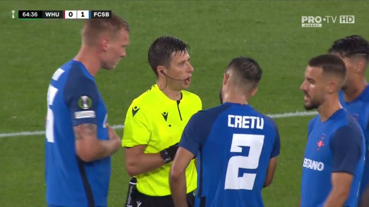 Penalty controversat dictat împotriva lui FCSB în meciul de pe London Stadium! Același arbitru o scotea pe CFR din Europa, după o fază identică
