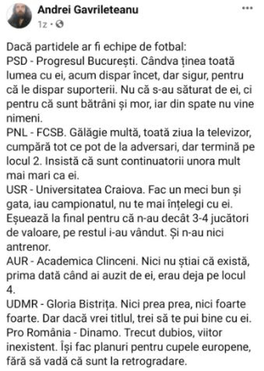 Dacă partidele ar fi echipe de fotbal: „Ei sunt Gloria Bistrița” » Exercițiu haios pe facebook: corespondenții din politică pentru FCSB, Dinamo, Craiova