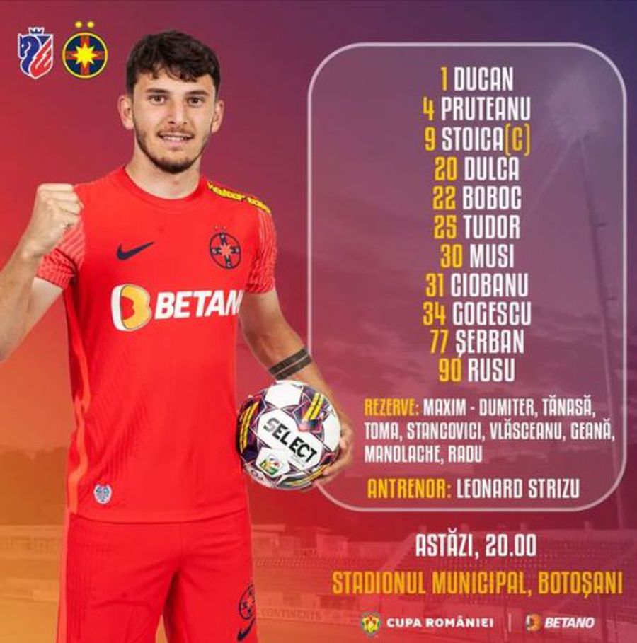 Modul în care pagina de Facebook de la FCSB a anunțat echipa de start pentru meciul cu FC Botoșani FCSB, cu juniorii în Cupa României! Echipa de start le-a dat bătăi de cap și oamenilor din club
