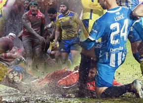 Sportul românesc în mocirlă! Imagini HALUCINANTE de la meciurile de fotbal și rugby jucate în ultimele zile în România