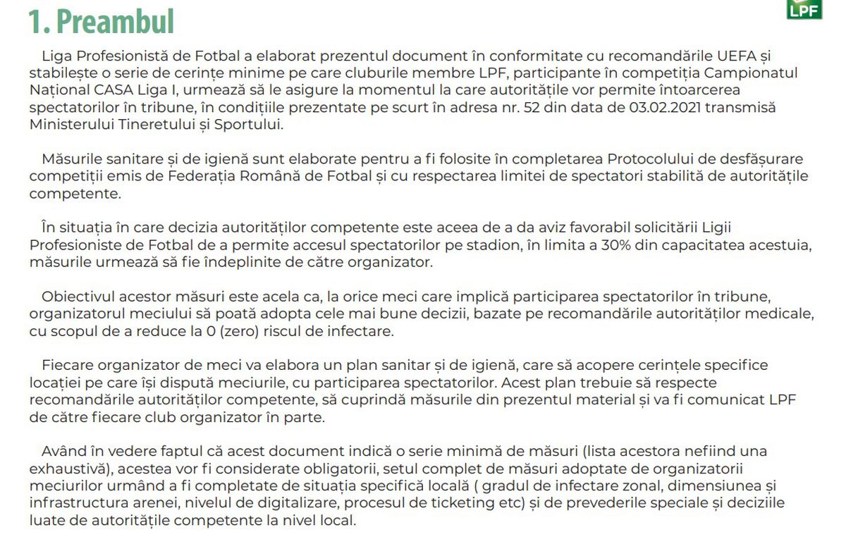 Planul LPF pentru revenirea fanilor la meciurile din Liga 1