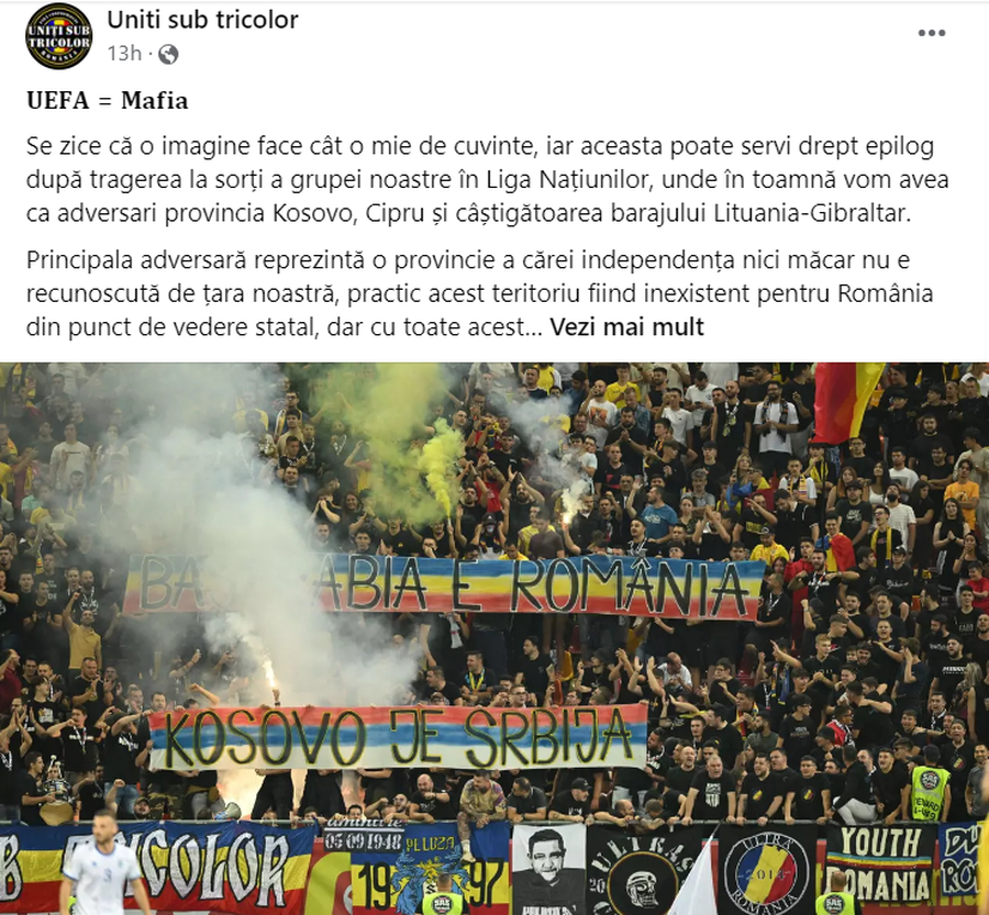 Ultrașii din „Uniți sub tricolor”, reacție dură după tragerea la sorți pentru Liga Națiunilor: „UEFA = Mafia, Kosovo e Serbia!”