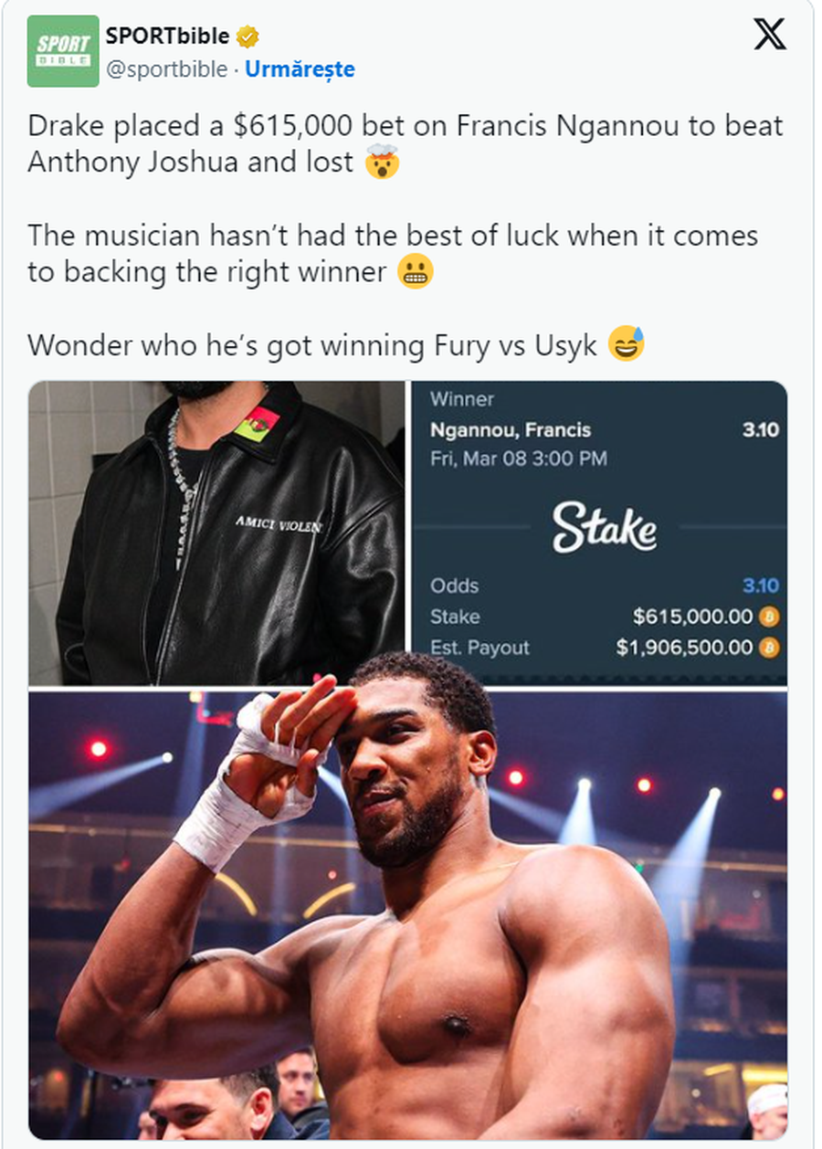 Suma uriașă pe care a pierdut-o Drake la pariuri