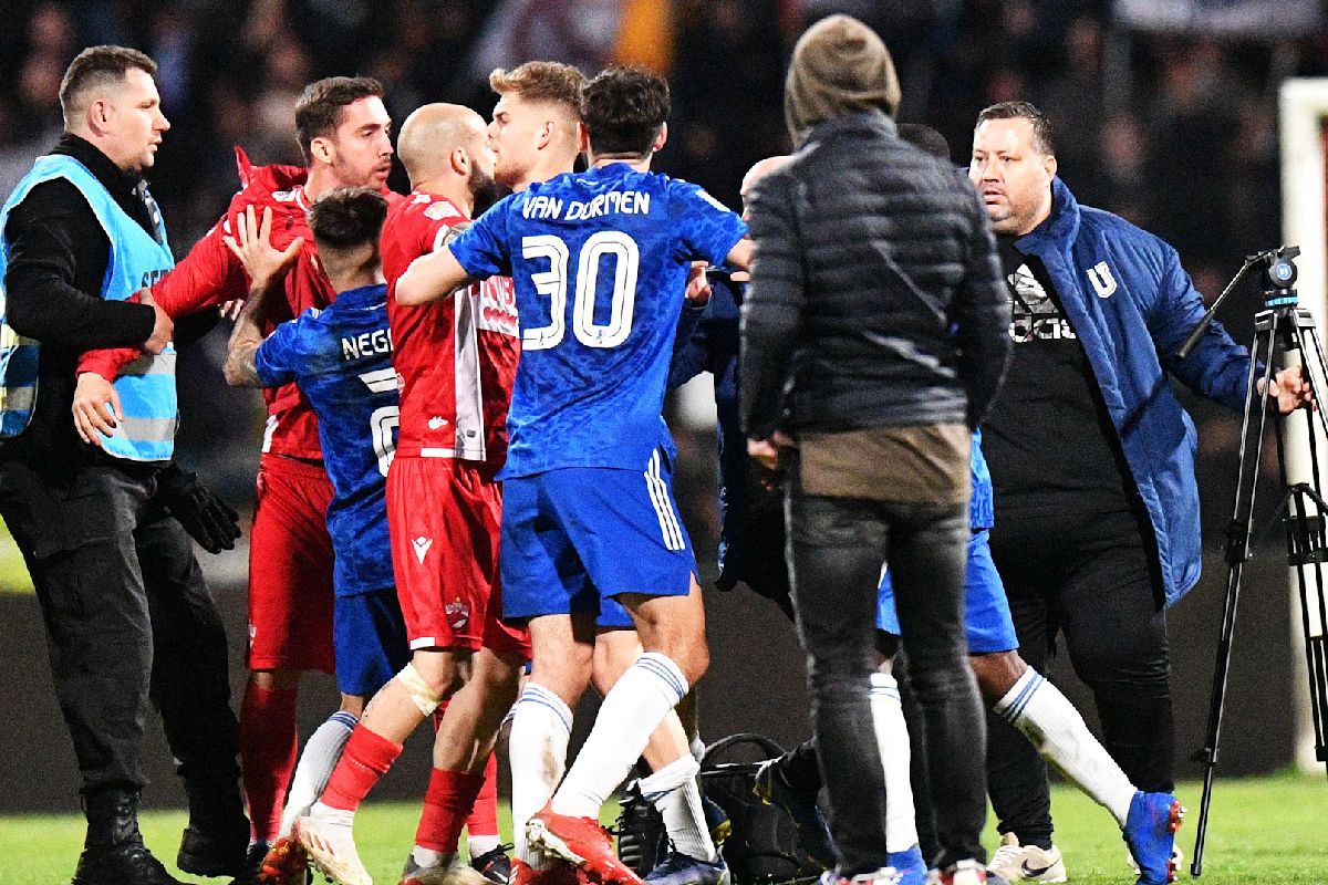 3 lucruri care nu s-au văzut la TV în Dinamo - FCU Craiova: de la ce a pornit altercația în toată regula de pe gazon + mesajele ironice ale galeriilor: „Încă un an în «A» - furat”