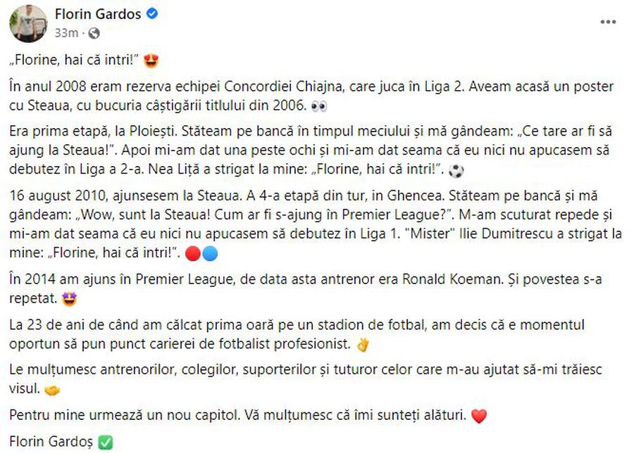 Florin Gardoș și-a anunțat retragerea din fotbal: „Mă gândeam: «Ce tare ar fi să ajung la Steaua!»”
