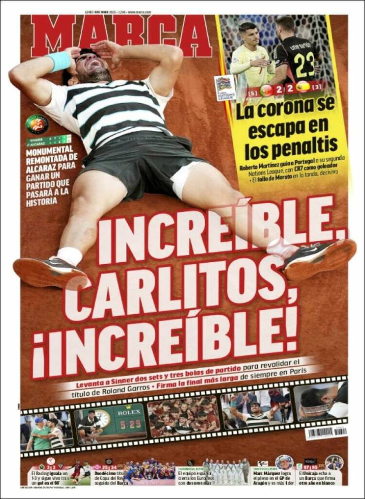Carlos Alcaraz, prezent pe prima pagină a ziarelor spaniole din toate comunitățile, după triumful istoric de la Roland Garros