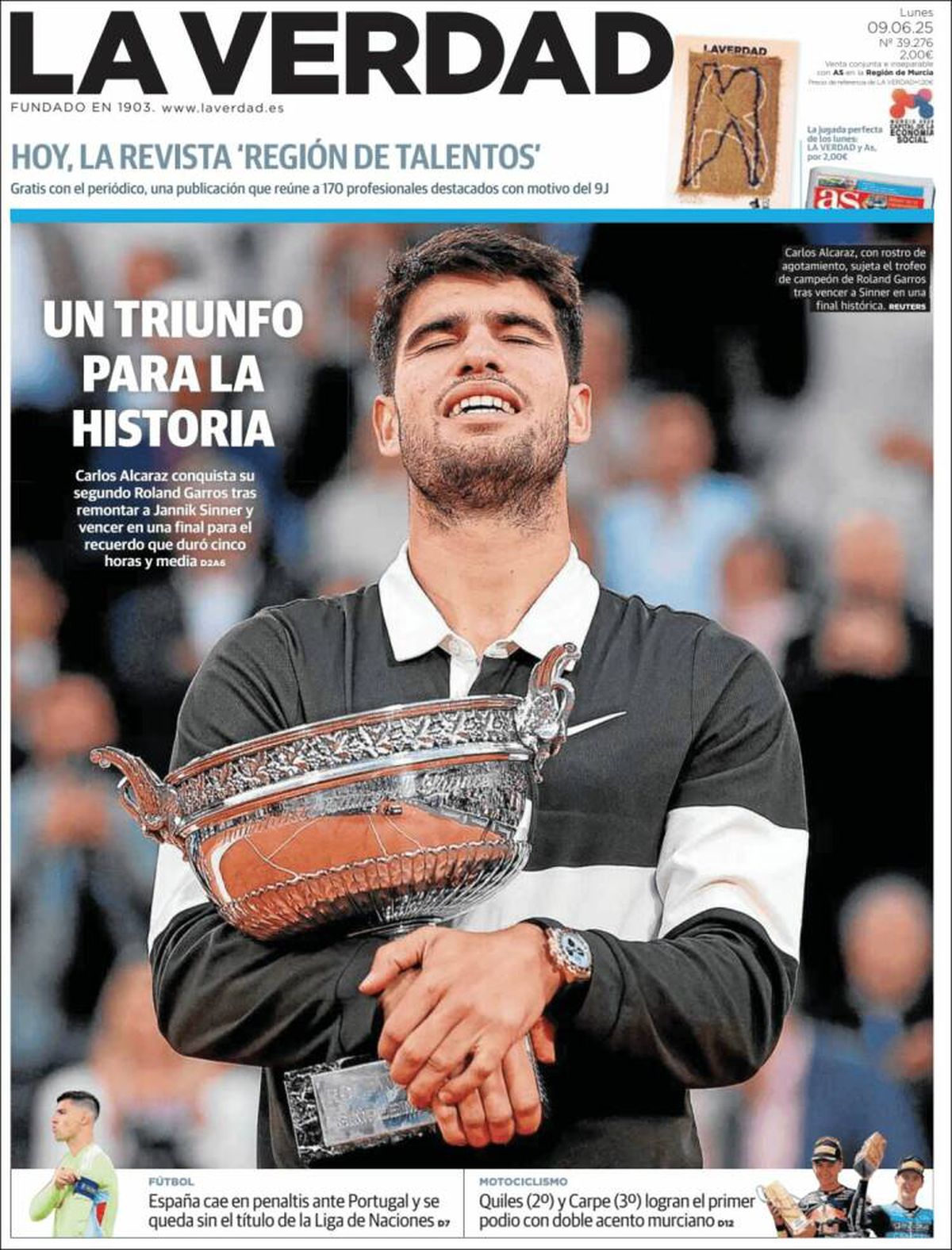 Carlos Alcaraz, prezent pe prima pagină a ziarelor spaniole din toate comunitățile, după triumful istoric de la Roland Garros