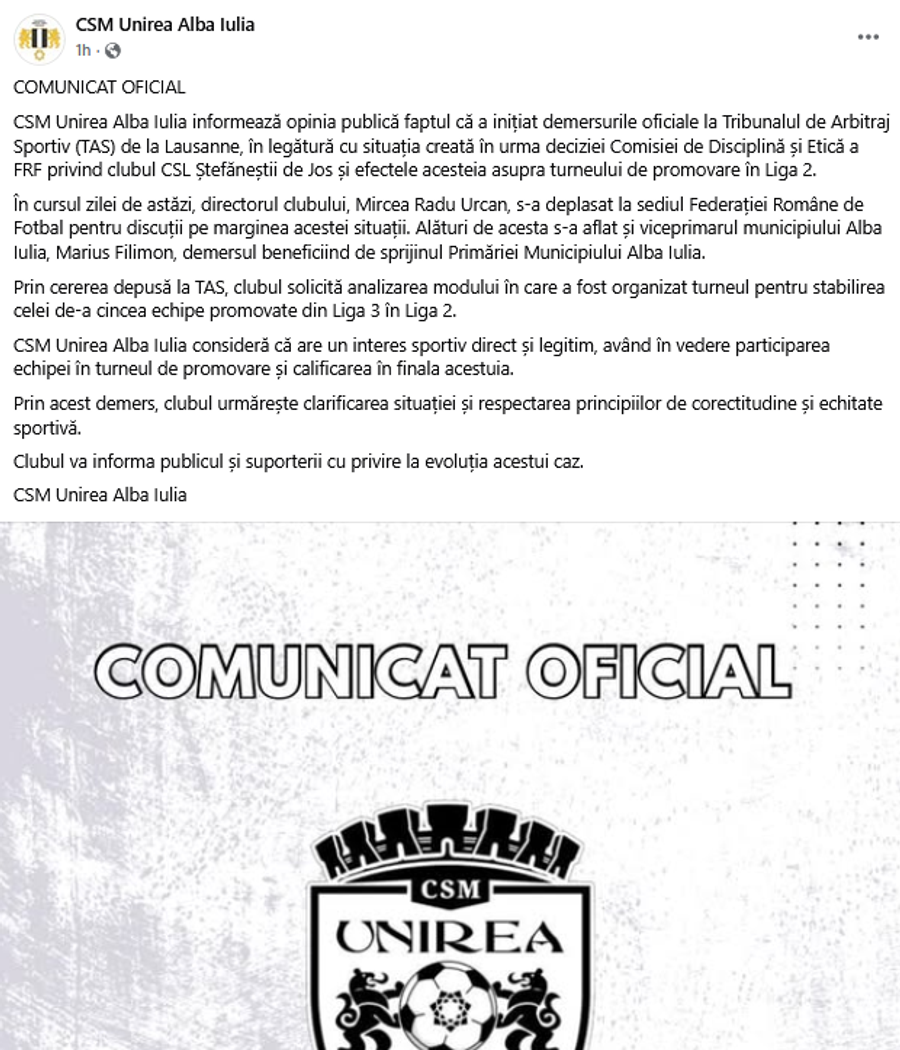 Comunicatul oficial al celor de la CSM Unirea Alba Iulia Cutremur: s-ar putea rejuca toate barajele! Au decis să meargă la TAS, după dezvăluirile GSP