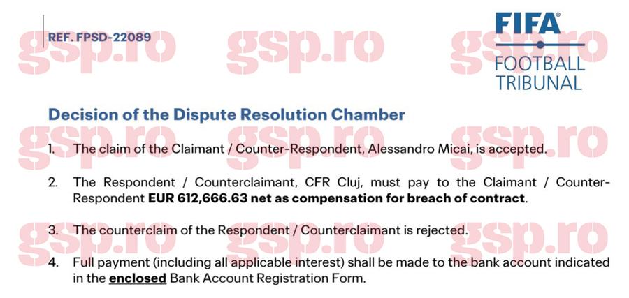 Pasajul din decizia de la FIFA care îi dă satisfacție lui Alessandro Micai în procesul cu CFR Cluj Bombă la CFR Cluj! Ioan Varga trebuie să-i plătească o avere jucătorului aruncat peste bord de Dan Petrescu: „Tratament abuziv, vădit nelegal”
