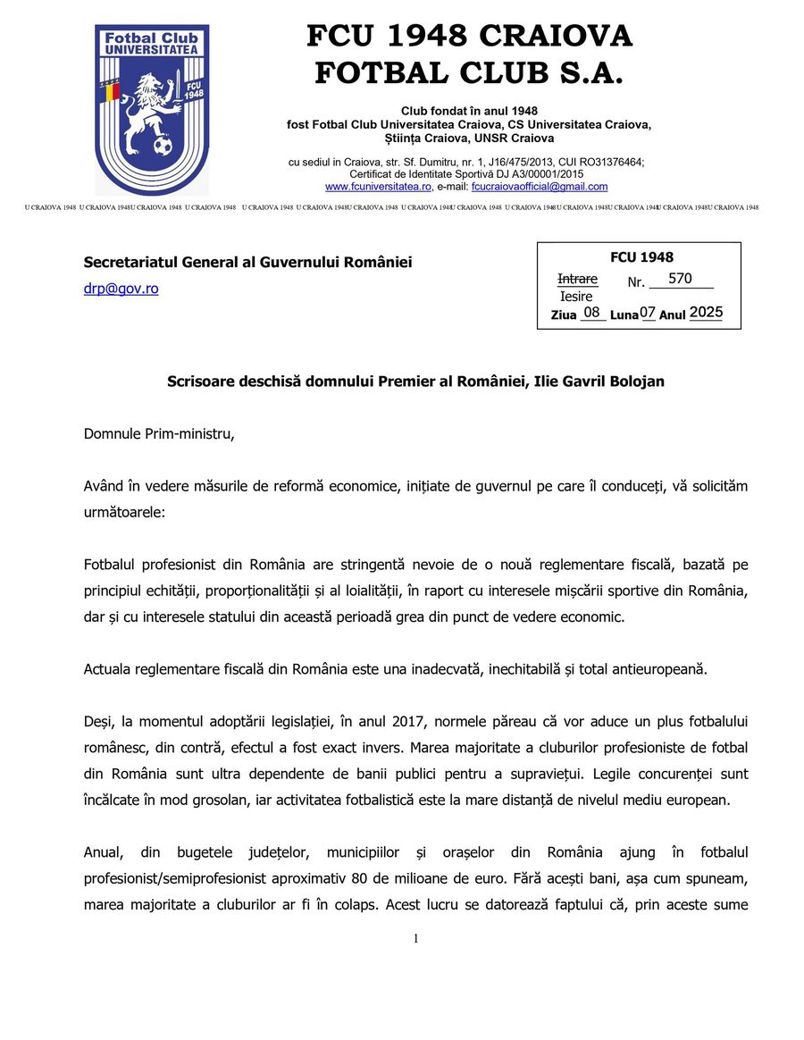 FCU Craiova, scrisoare deschisă către Ilie Bolojan // foto: Facebook FCU Craiova FCU Craiova, scrisoare deschisă către premierul Ilie Bolojan » Adrian Mititelu cere creșterea impozitelor: „Legea este permisivă”