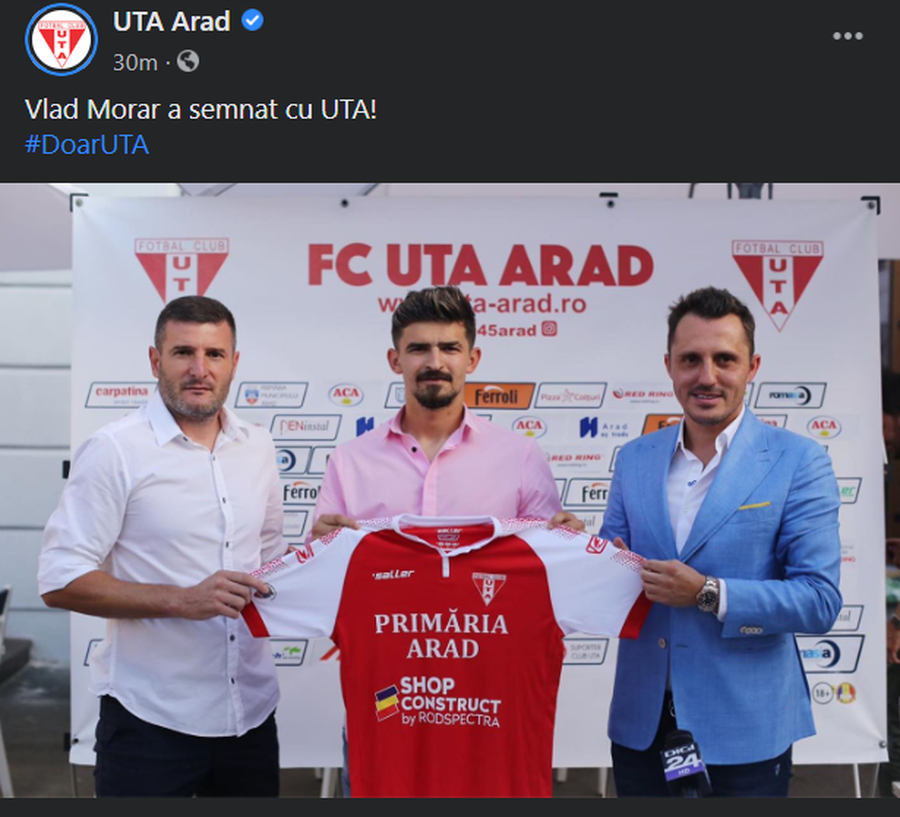 UTA Arad continuă campania de achiziții: Vlad Morar, noul jucător al echipei lui Laszlo Balint