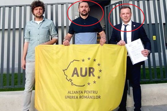Cristian Cațan (în dreapta), lângă Cristian David (încercuit, în centru), la o acțiune a partidului AUR / Sursă foto: Facebook