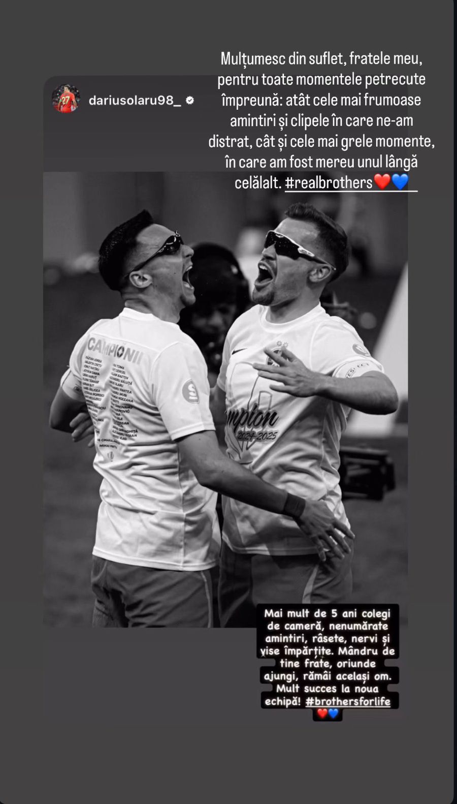 Darius Olaru și Adrian Șut, postări emoționante în ziua despărțirii