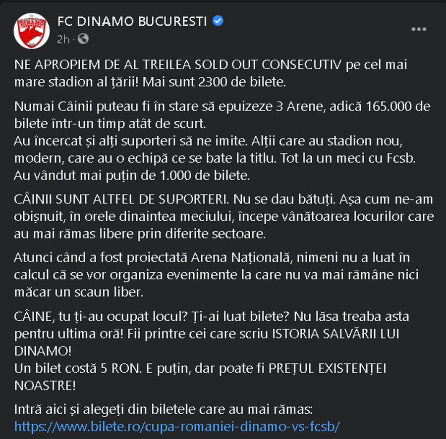 UPDATE. SOLD OUT înainte de Dinamo - FCSB! Anunțul uriaș făcut de „câini”