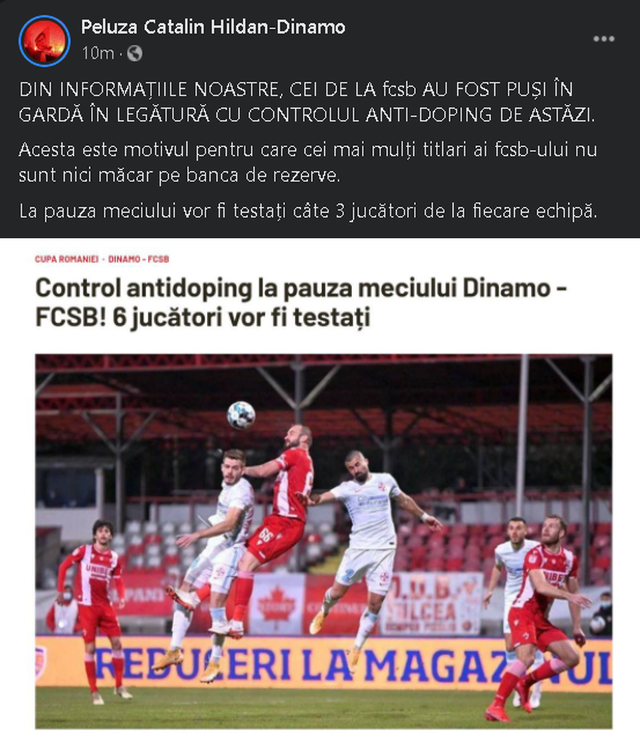 UPDATE. Control antidoping la Dinamo - FCSB! 6 jucători testați » Reacția PCH
