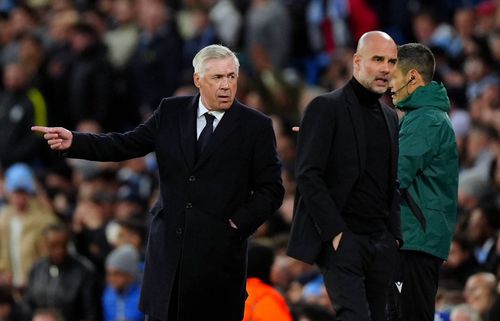 Carlo Ancelotti și Pep Guardiola, în returul de pe Etihad din semifinalele Ligii Campionilor din ediția trecută (1-1), calificata fiind decisă la loviturile de departajare / Foto: Imago