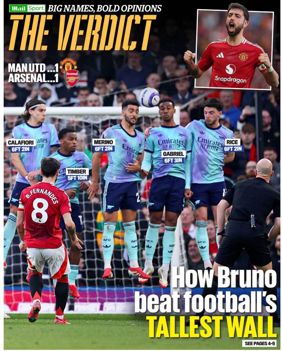 Cei cinci jucători din zidul lui Arsenal sunt toți înalți, dar Bruno Fermandes a găsit traiectoria perfectă a balonului către poarta lui David Raya / Foto: The Sun Cum a ajutat-o Anthony Taylor pe Manchester United » „Bravo lui că a știut să profite de greșeală și a dat gol!”