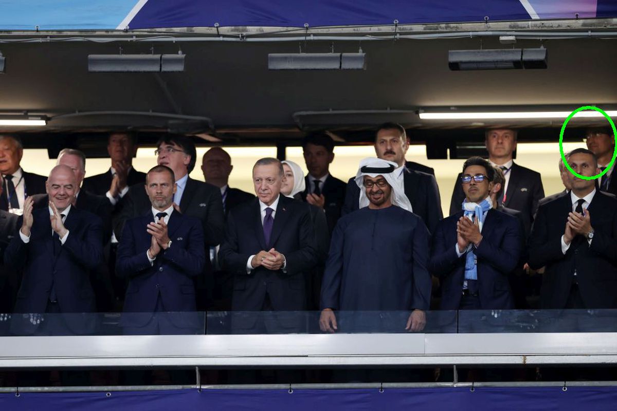 Burleanu, în „loja greilor” la finala Ligii Campionilor » Erdogan și șeful lui City în față, Ceferin și Infantino în dreapta