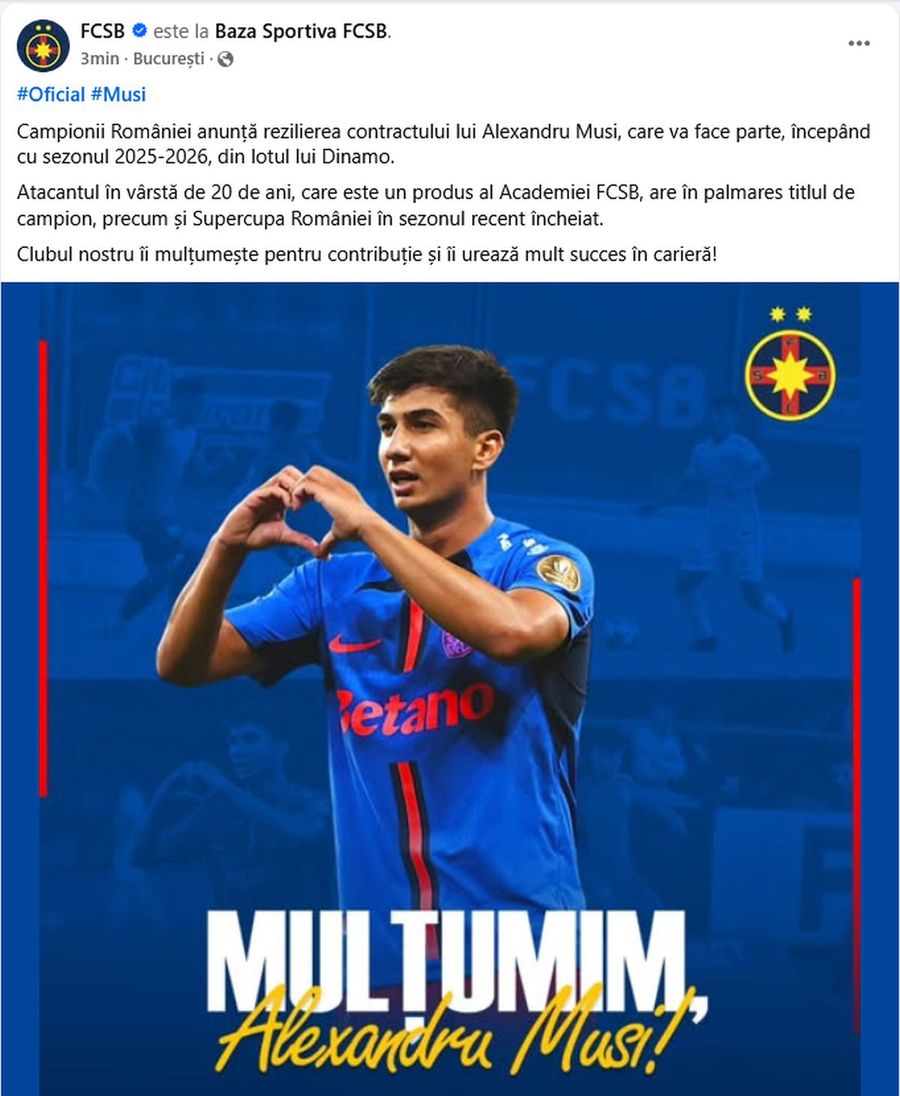 Anunțul plecării lui Musi la Dinamo Dennis Politic a fost prezentat la FCSB, dar campioana a încurcat pozele » Postarea eronată a fost ștearsă rapid