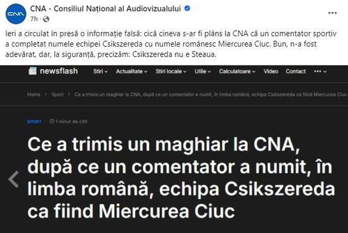 Postare pe pagina oficială CNA: „La siguranță, precizăm: Csikszereda nu e Steaua”