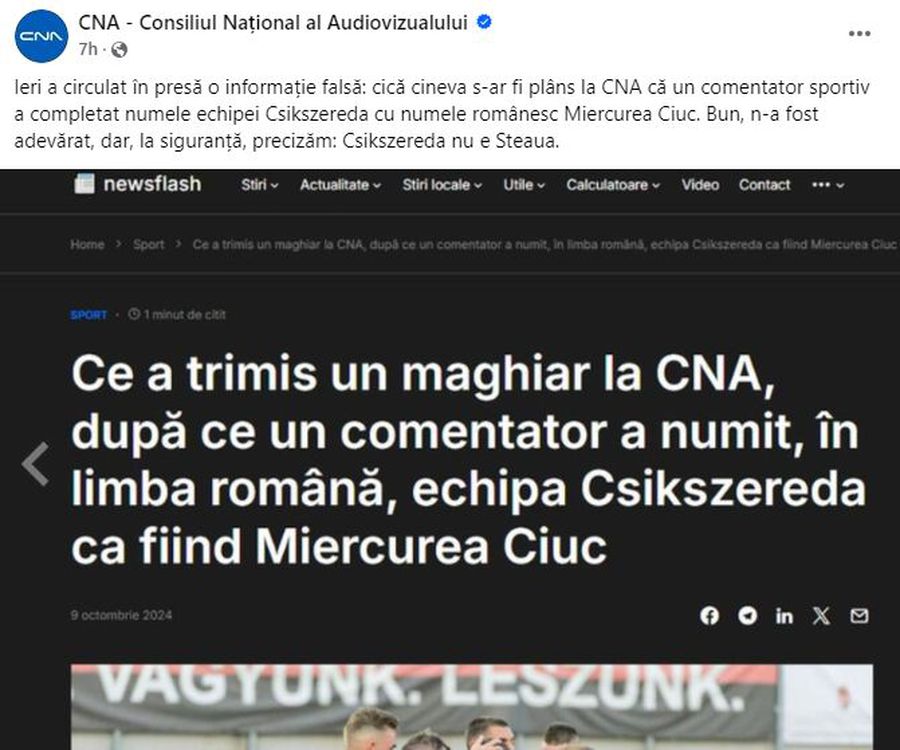 CNA, postare oficială prin care a scandalizat Clubul Armatei: „Csikszereda nu e Steaua” » GSP a dialogat cu autorul ei: „Eu am scris, nu ne-a spart nimeni contul! Asta a fost intenția”