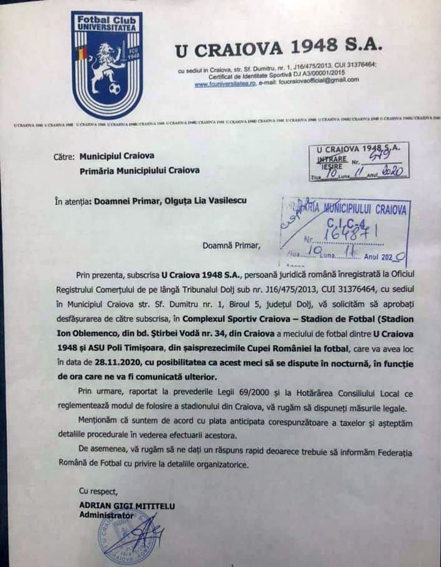 FC U Craiova 1948, solicitare oficială pentru a juca pe „Oblemenco” meciul de Cupă + bilete virtuale la următorul joc