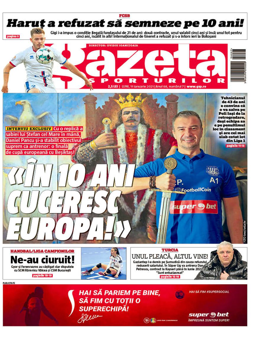 Prima pagină a ediției de azi a Gazetei Sporturilor Daniel Pancu, protagonistul unei pagini întâi de senzație în Gazeta Sporturilor! Povestea fotografiei cu sabia și o pictură a lui Ștefan cel Mare