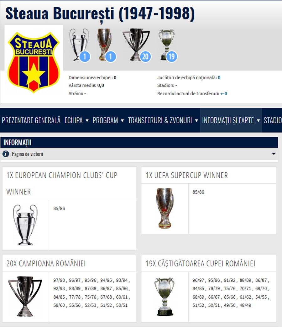 Transfermarkt, decizie curioasă privind palmaresul Stelei: „După consultări cu FRF” » Unde apare Cupa Campionilor, după noua actualizare