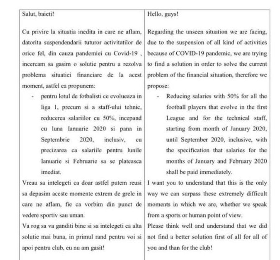 ASTRA // EXCLUSIV Dovada că Ioan Niculae le-a solicitat abuziv jucătorilor să-și reducă salariile » Scrisoarea primită de fotbaliști: „Salut, băieți! Altă soluție mai bună eu nu am găsit!”