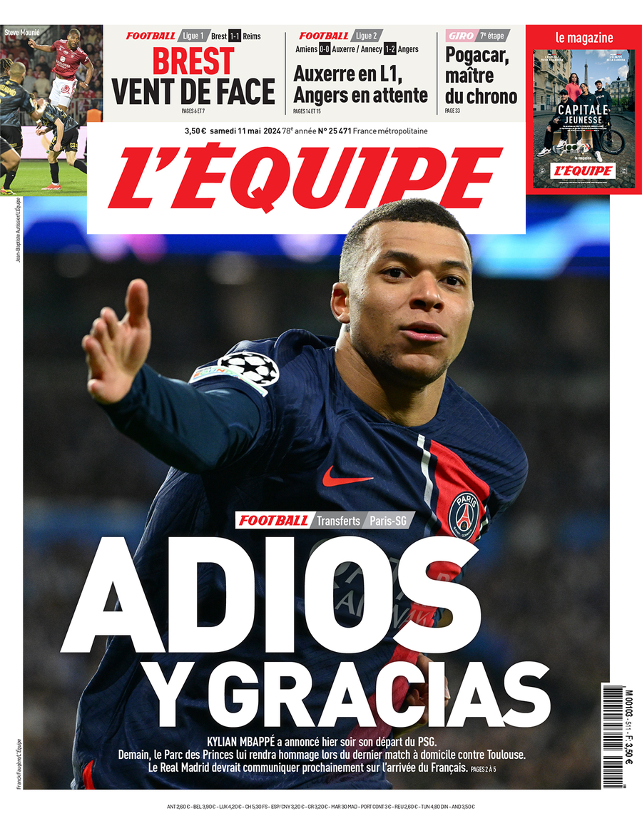Primă pagină sugestivă a celor de la L'Equipe, a doua zi după ce Mbappe și-a anunțat oficial plecarea de la PSG