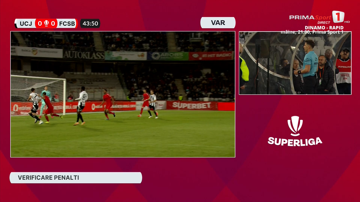Penalty anulat în U Cluj - FCSB, după sesizarea lui Colțescu de la VAR » Gigi Becali a intervenit imediat la pauză