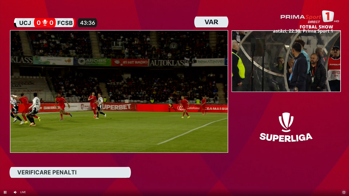 Penalty anulat în U Cluj - FCSB, după sesizarea lui Colțescu de la VAR » Gigi Becali a intervenit imediat la pauză