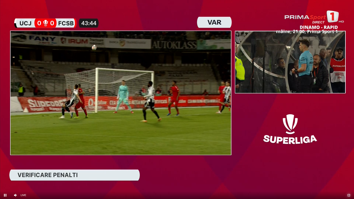 Penalty anulat în U Cluj - FCSB, după sesizarea lui Colțescu de la VAR » Gigi Becali a intervenit imediat la pauză