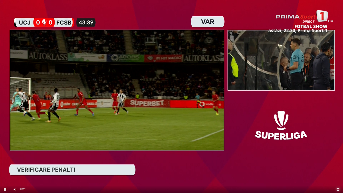 Penalty anulat în U Cluj - FCSB, după sesizarea lui Colțescu de la VAR » Gigi Becali a intervenit imediat la pauză