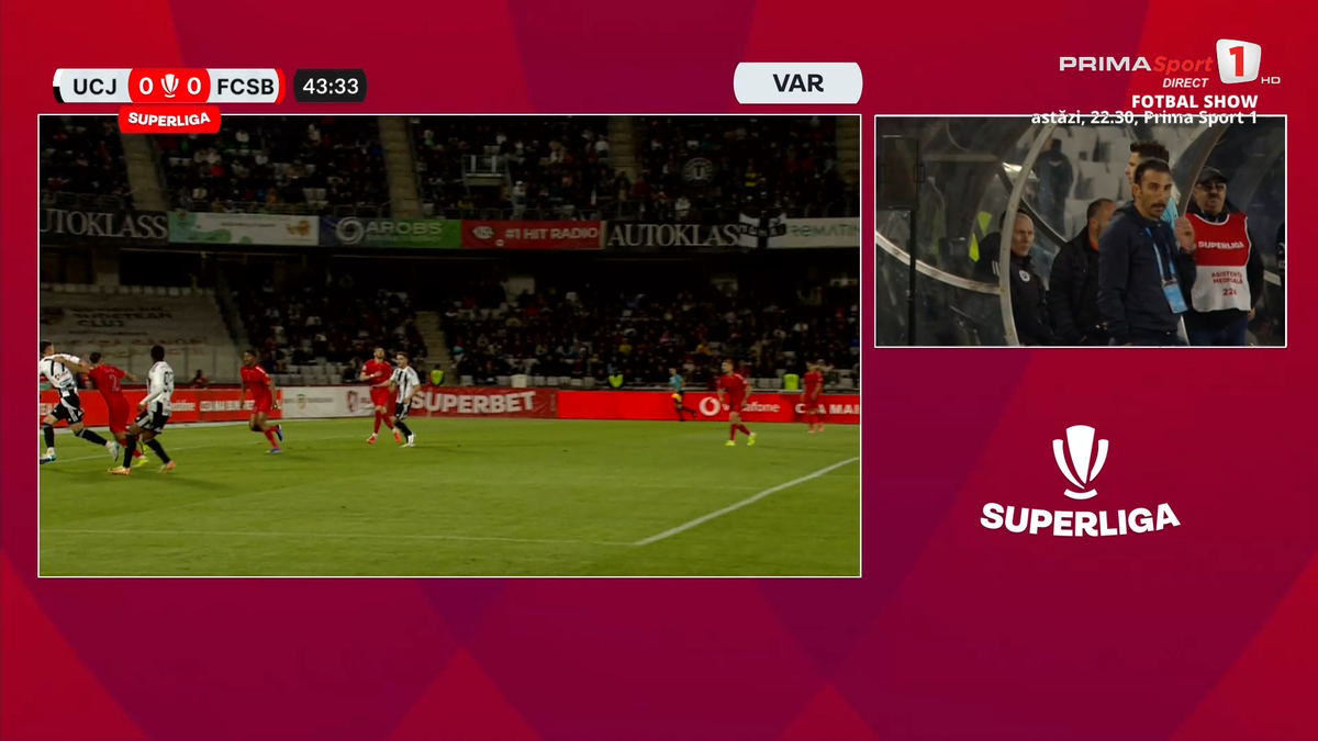 Penalty anulat în U Cluj - FCSB, după sesizarea lui Colțescu de la VAR » Gigi Becali a intervenit imediat la pauză