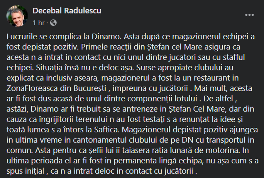 UPDATE | Un jucător de la Dinamo contrazice ipoteza că magazionerul ar fi fost prezent la restaurant joi, alături de echipă