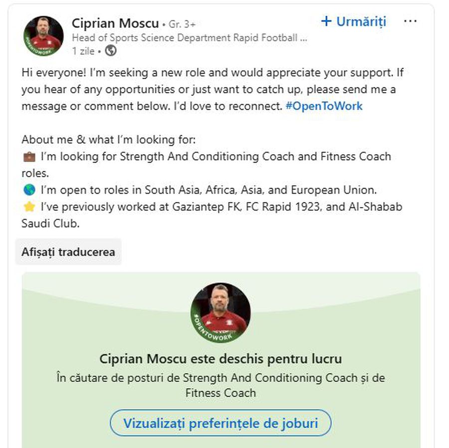 Mesajul postat de Ciprian Moscu pe LinkedIn. FOTO: Captură LinkedIn A fost în staff-ul lui Șumudică la Rapid și acum își caută de muncă pe Internet: „Bună tuturor! Caut un nou rol”